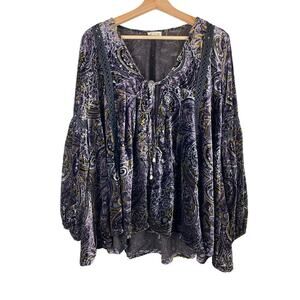 POL Women's S Black Velvet Paisley Crochet Lace Balloon Sleeve Boho Jacket
